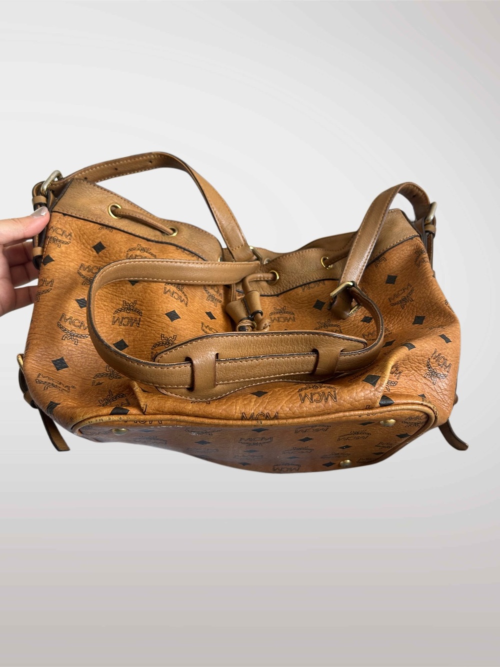 MCM Vintage Cognac Visetos Monogram Drawstring Bucket Bag - Picture 6 of 9